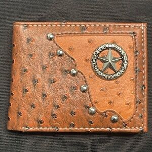 Western Brown Ostrich Skin Leather Wallet With Star Emblem BiFold With ID Windo